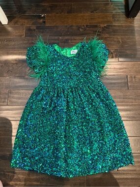 Lola + The Boys Green Sequin Dress with Feather Puff Sleeves